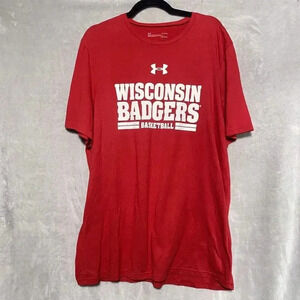 WISCONSIN BADGERS PERFORMANCE Red SHIRT Heat Gear UNDER ARMOUR Sz L Loose Fit
